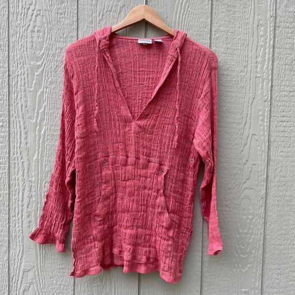 Chico's Tops - Chico's Crinkle Tunic Hoodie Womens Large Coral Pink 100% Linen Gauze Beach Boho